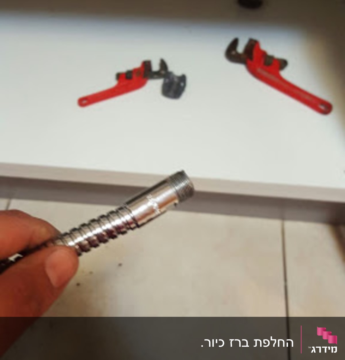 יד מחזיקה צינור מתכת, מפתח צינורות ברקע